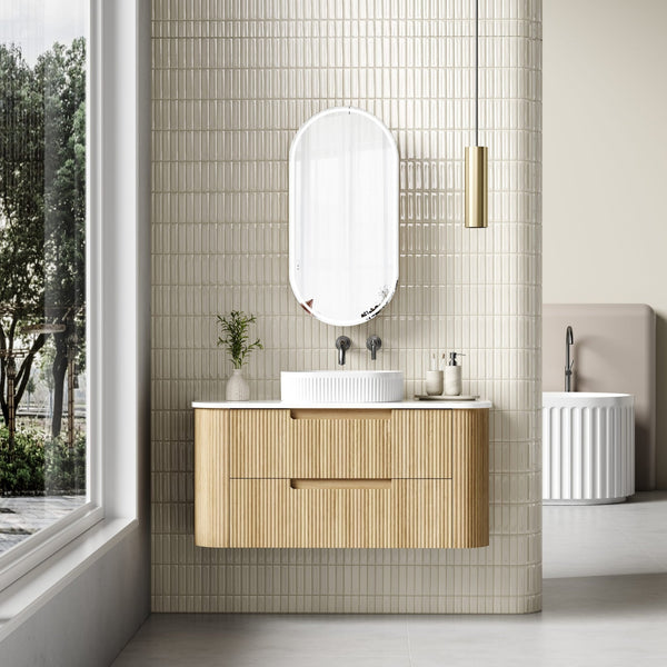 AULIC VARCELLI TIER CURVED HARVEST OAK 1200MM SINGLE BOWL WALL HUNG VANITY W/ QUADRO HETTICH RUNNERS