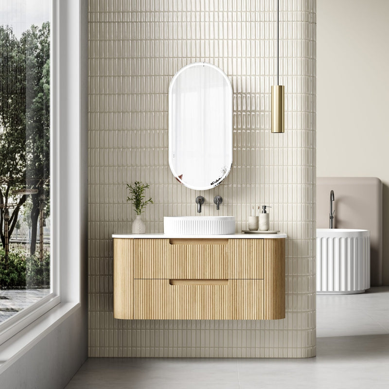 AULIC VARCELLI TIER CURVED HARVEST OAK 1200MM SINGLE BOWL WALL HUNG VANITY W/ QUADRO HETTICH RUNNERS