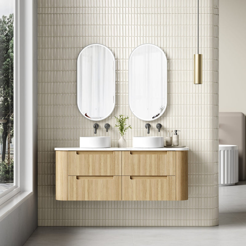 AULIC VARCELLI TIER CURVED HARVEST OAK 1500MM DOUBLE BOWL WALL HUNG VANITY W/ QUADRO HETTICH RUNNERS