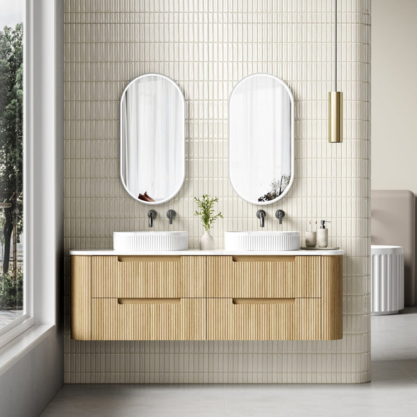 AULIC VARCELLI TIER CURVED HARVEST OAK 1800MM DOUBLE BOWL WALL HUNG VANITY W/ QUADRO HETTICH RUNNERS