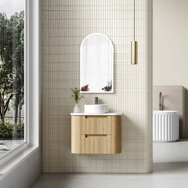 AULIC VARCELLI TIER CURVED HARVEST OAK 750MM SINGLE BOWL WALL HUNG VANITY W/ QUADRO HETTICH RUNNERS