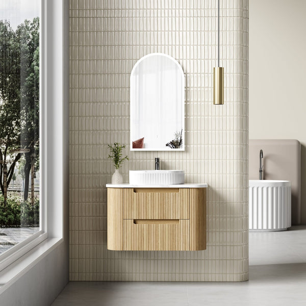 AULIC VARCELLI TIER CURVED HARVEST OAK 900MM SINGLE BOWL WALL HUNG VANITY W/ QUADRO HETTICH RUNNERS