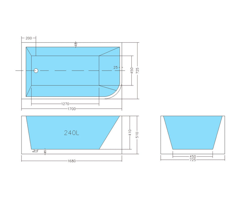 POSEIDON LEFT CORNER MULTI-FIT BATHTUB GLOSS WHITE (AVAILABLE IN 1400MM, 1500MM AND 1700MM)