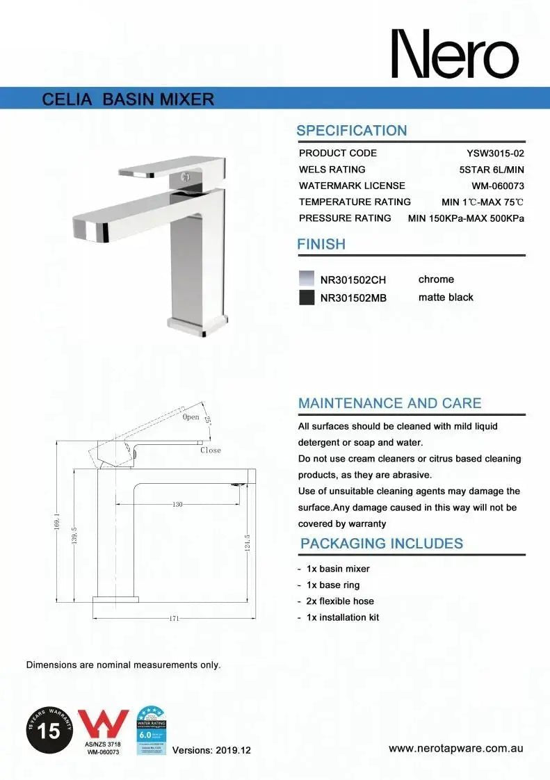 NERO CELIA Basin Mixer Builders Range