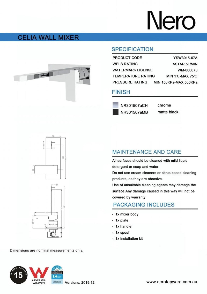 NERO CELIA Wall Basin Mixer