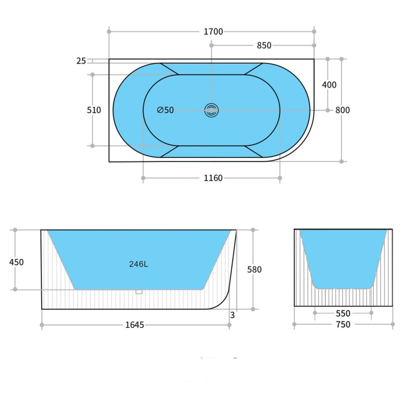 CETO CAPRI FREESTANDING LEFT CORNER BATHTUB GLOSS WHITE (AVAILABLE IN 1500MM AND 1700MM)