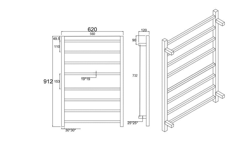 Square Chrome Electric Heated Towel Rack 8 Bars