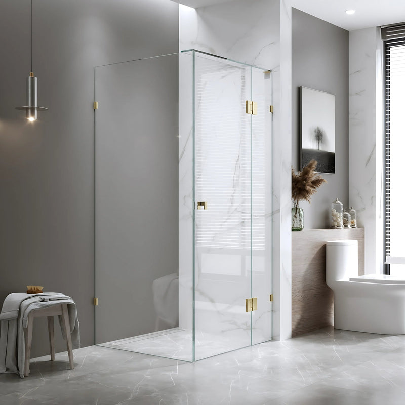 BELLA VISTA VALENTINA FRAMELESS PIVOT FRONT AND RETURN PANEL SHOWER SCREEN FRENCH GOLD