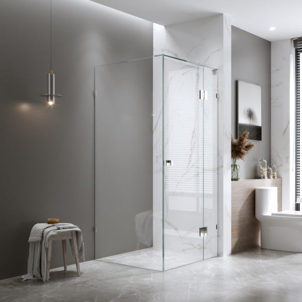 BELLA VISTA VALENTINA FRAMELESS PIVOT FRONT AND RETURN PANEL SHOWER SCREEN CHROME