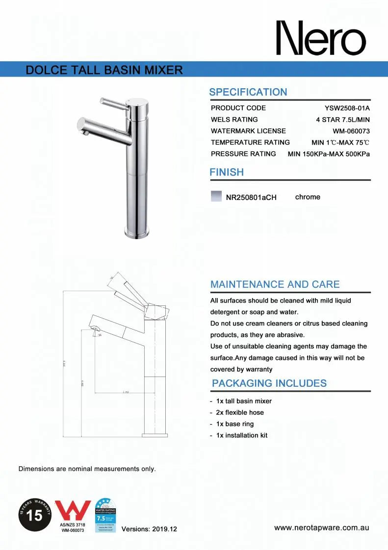 Nero DOLCE Tall Baisin Mixer Angel Spout - Chrome