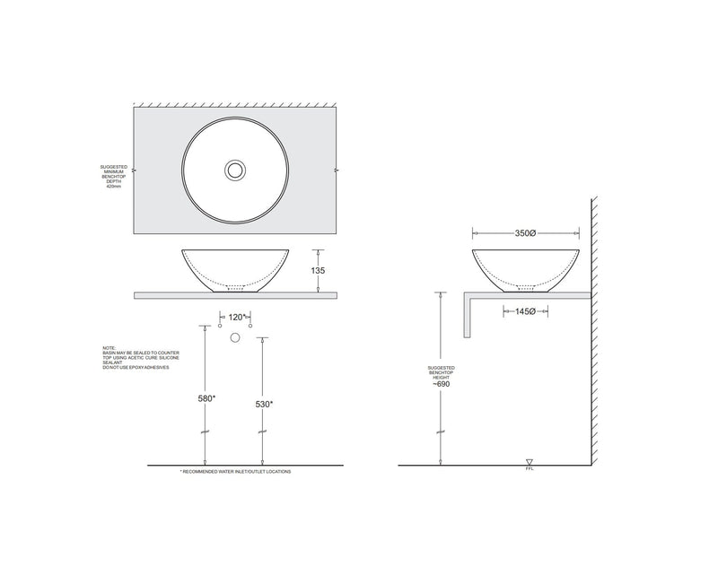 JOHNSON SUISSE VENEZIA ROUND BOWL COUNTER TOP BASIN WHITE 350MM