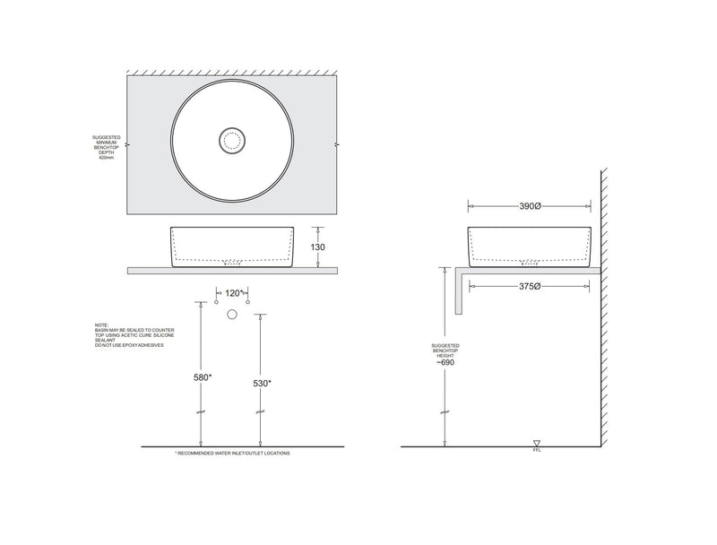 JOHNSON SUISSE VENEZIA ROUND COUNTER TOP BASIN WHITE 390MM