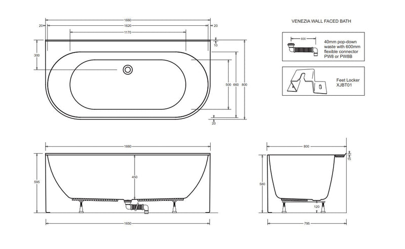 JOHNSON SUISSE VENEZIA WALL FACED FREESTANDING BATH GLOSS WHITE 1660MM