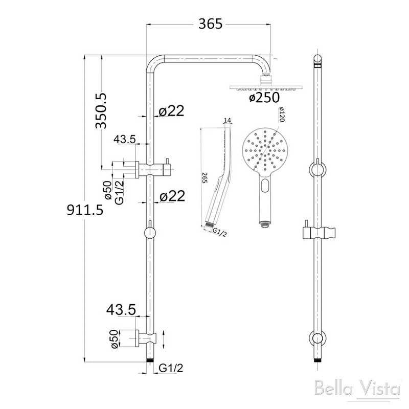 Bella Vista Mica Dual Shower Rail with Rain Fall Head - Round