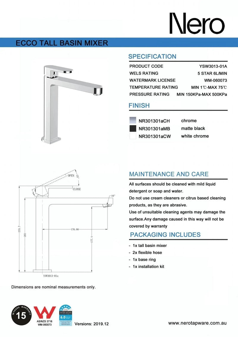 NERO ECCO Tall basin mixer