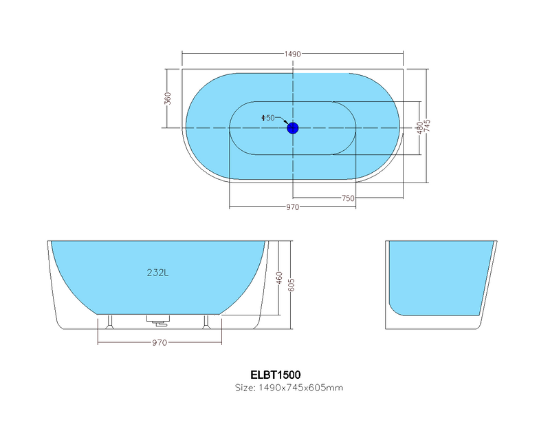 POSEIDON ELIVIA BACK TO WALL BATHTUB GLOSS WHITE (AVAILABLE IN 1490MM AND 1690MM)