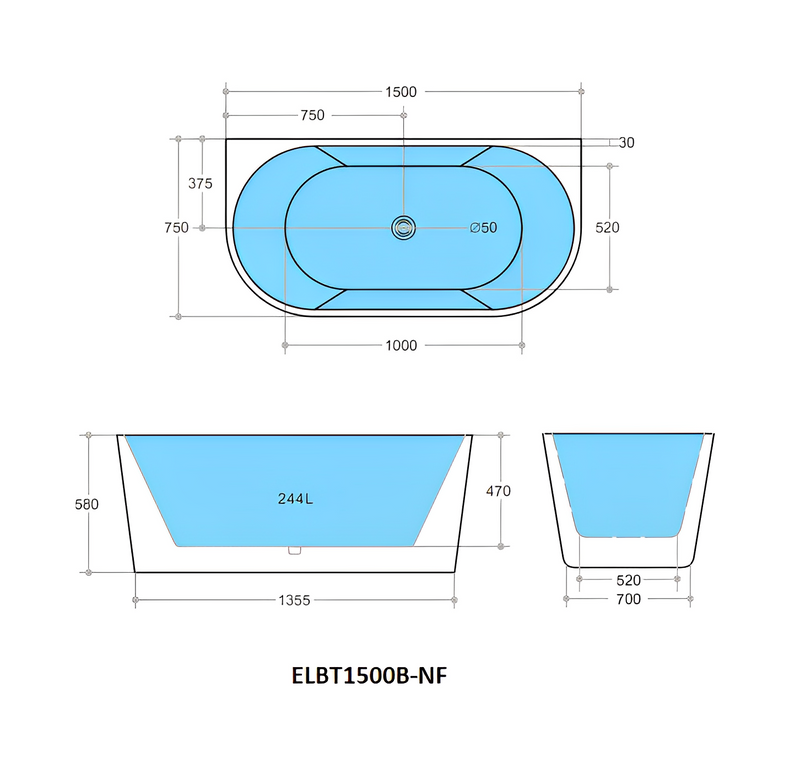POSEIDON ELIVIA BACK TO WALL NF BATHTUB GLOSS BLACK AND GLOSS WHITE (AVAILABLE 1500MM AND 1700MM)