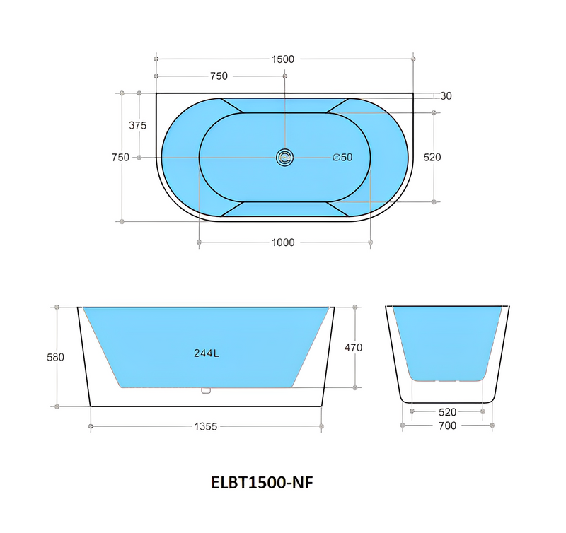 POSEIDON ELIVIA BACK TO WALL NF BATH GLOSS WHITE (AVAILABLE IN 1400MM, 1500MM AND 1700MM)
