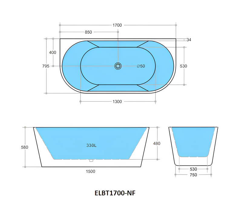 POSEIDON ELIVIA BACK TO WALL NF BATH GLOSS WHITE (AVAILABLE IN 1400MM, 1500MM AND 1700MM)