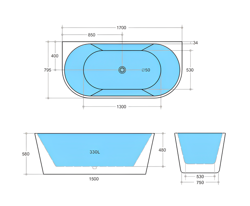 POSEIDON ELIVIA BACK TO WALL BATH MATTE WHITE (AVAILABLE IN 1400MM, 1500MM AND 1700MM)