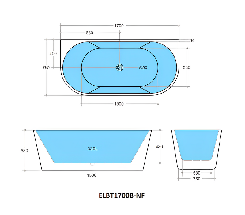 POSEIDON ELIVIA BACK TO WALL NF BATHTUB GLOSS BLACK AND GLOSS WHITE (AVAILABLE 1500MM AND 1700MM)