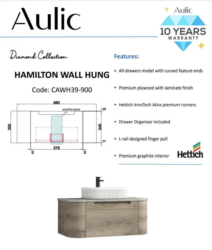 Aulic Hamilton Wall Hung Vanity 900mm