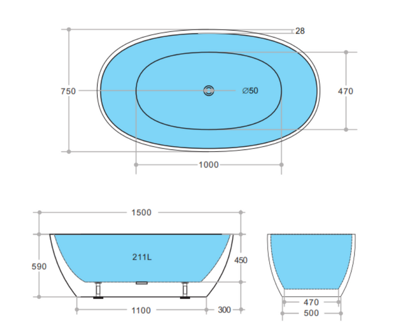 POSEIDON STELLA FREE STANDING BATHTUB GLOSS WHITE (AVAILABLE IN 1500MM AND 1700MM)
