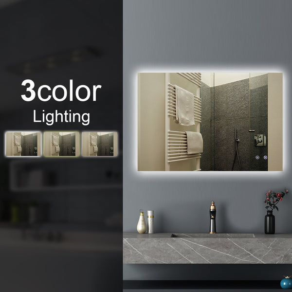 1200*800mmSharp Edge 3 Color Lighting Backlit LED Mirror Touch Sensor Switch Defogger Pad Wall Mounted Vertical or Horizontal