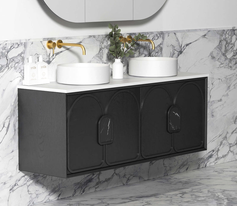 OTTI LAGUNA BLACK AMERICAN OAK 1500MM DOUBLE BOWL WALL HUNG VANITY