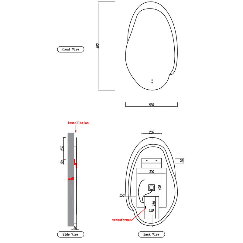AULIC EVANSTONE ASYMMETRICAL FRAMELESS LED MIRROR MATTE WHITE 530X900MM