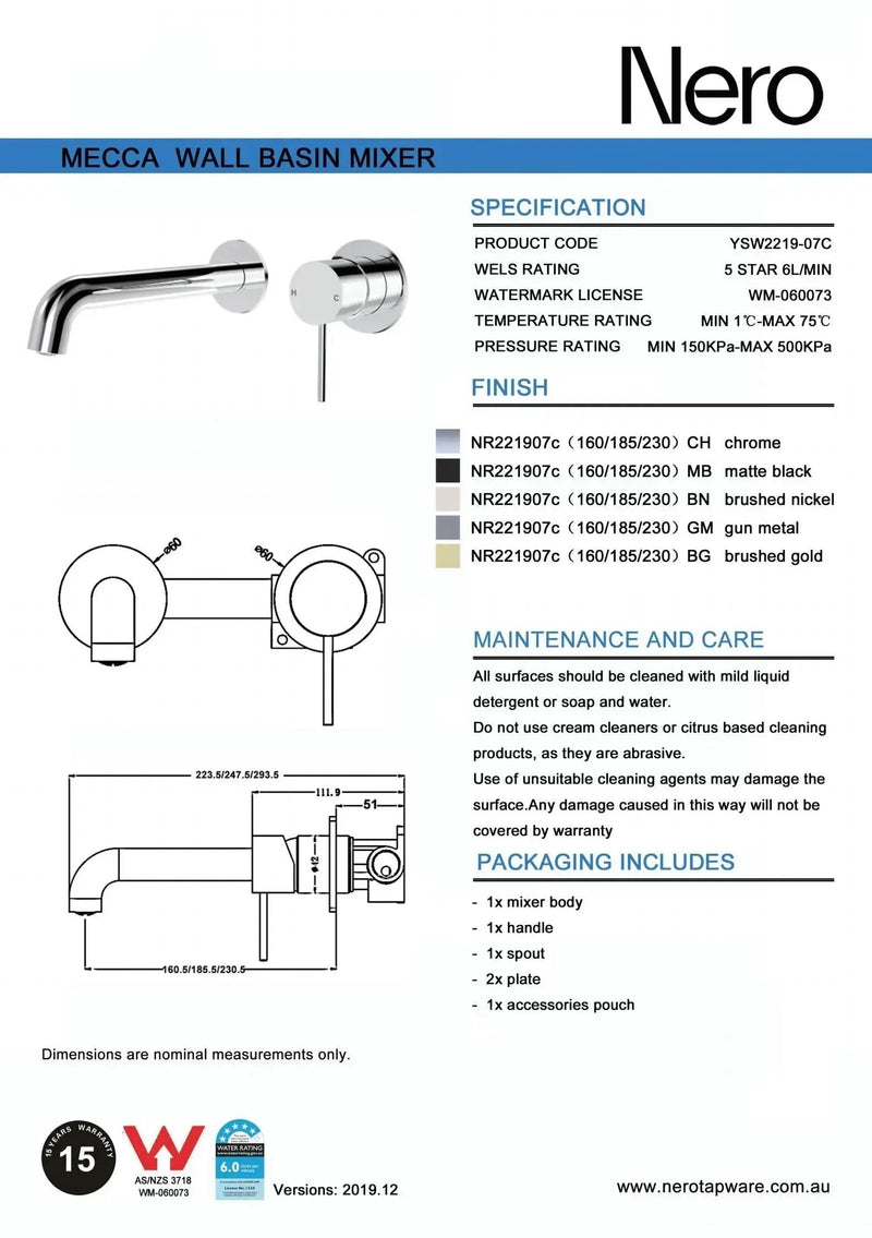 NERO MECCA WALL BASIN/BATH MIXER SEPARATE BACK PLATE