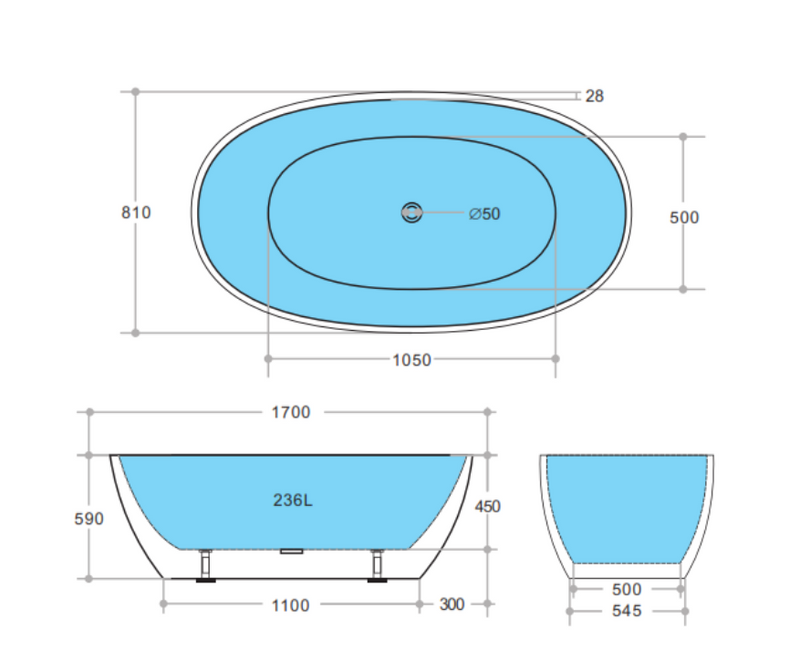 POSEIDON STELLA FREE STANDING BATHTUB MATTE WHITE (AVAILABLE IN 1500MM AND 1700MM)