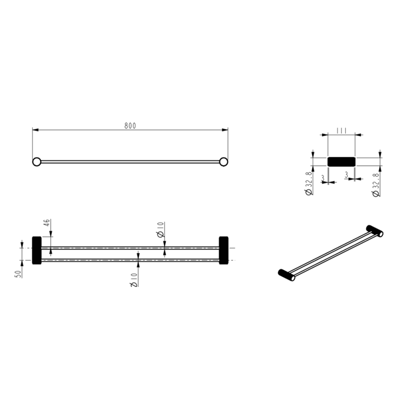 Bella Vista Mica Fluted Matte Black Double Towel Rail - 800mm