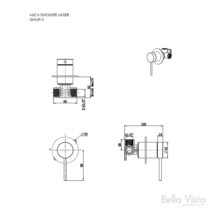 Bella Vista Mica Shower Mixer- Chrome, Black, Brushed Nickel, Gunmetal, French Gold