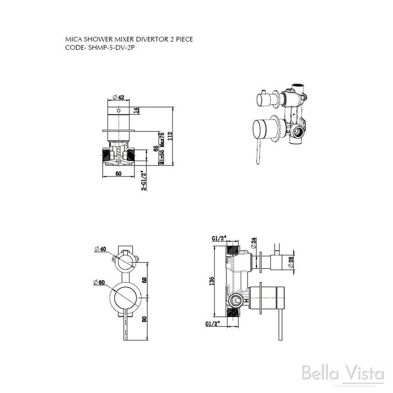 Bella Vista Mica Shower mixer with Diverter - Chrome, Black, Brushed Nickel, Gunmetal, French Gold