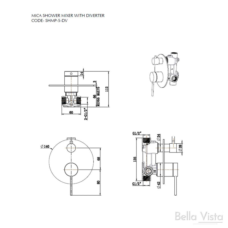 Bella Vista Mica Shower mixer with Diverter with Back Plate- Chrome, Black, Brushed Nickel, Gunmetal, French Gold