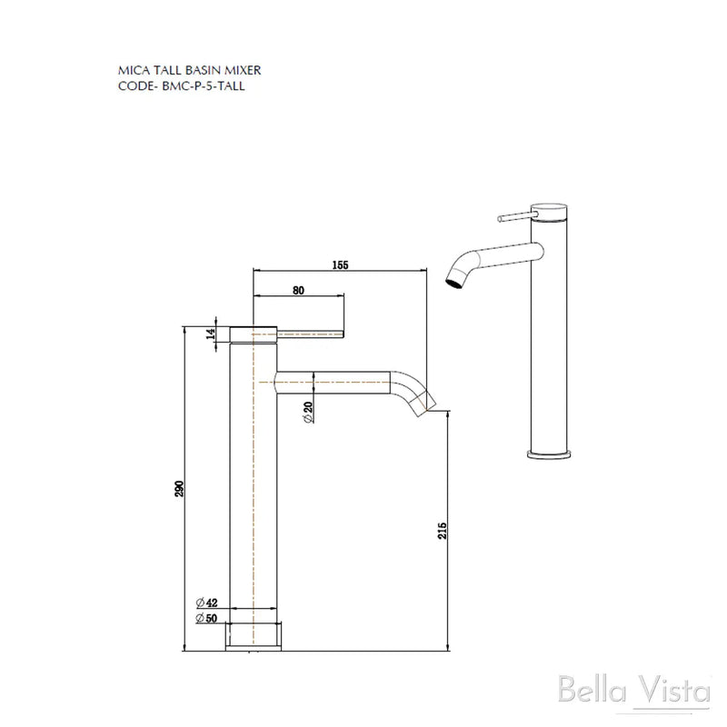 Bella Vista Mica Tall Basin Mixer - Chrome, Black, Brushed Nickel, Gunmetal, French Gold