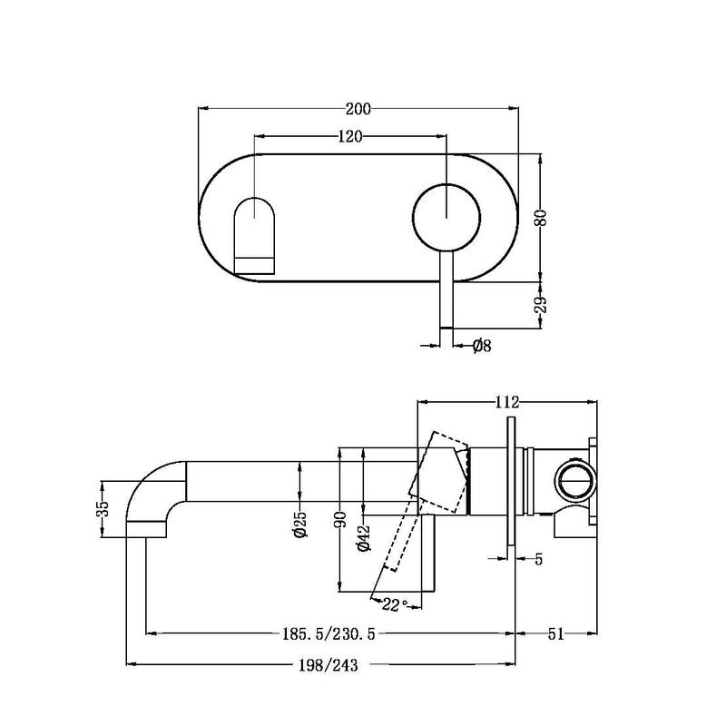 NERO Zen SS316L Wall Basin/Bath Mixer 185mm/230mm Spout