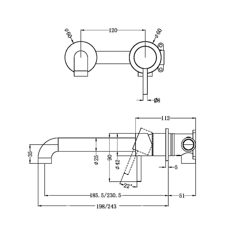 NERO Zen SS316L Wall Basin/Bath Mixer Seperate Back Plate 185mm/230mm Spout