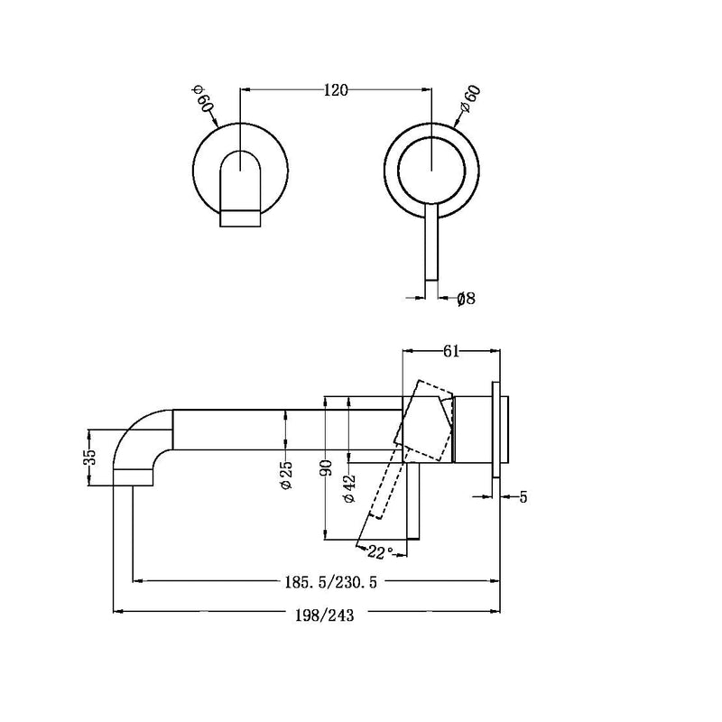 NERO Zen SS316L Wall Basin/Bath Mixer Separate Back Plate 185mm Spout (Trim Kit Only)