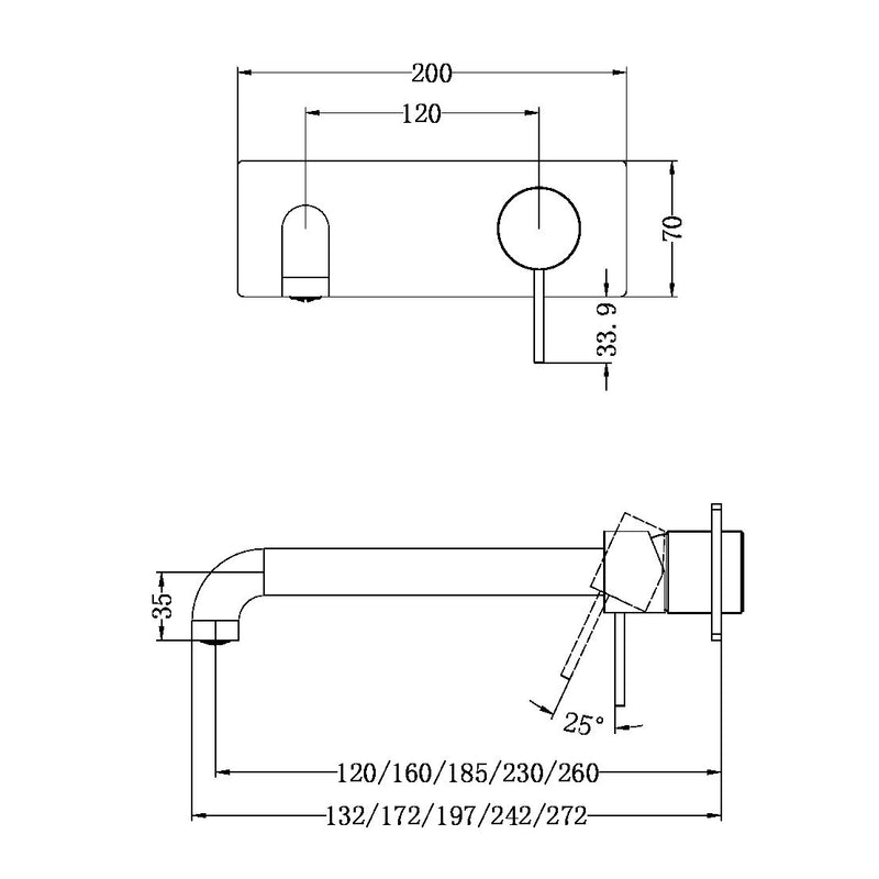 NERO Mecca Wall Basin/Bath Mixer 120/160/185/230/260MM