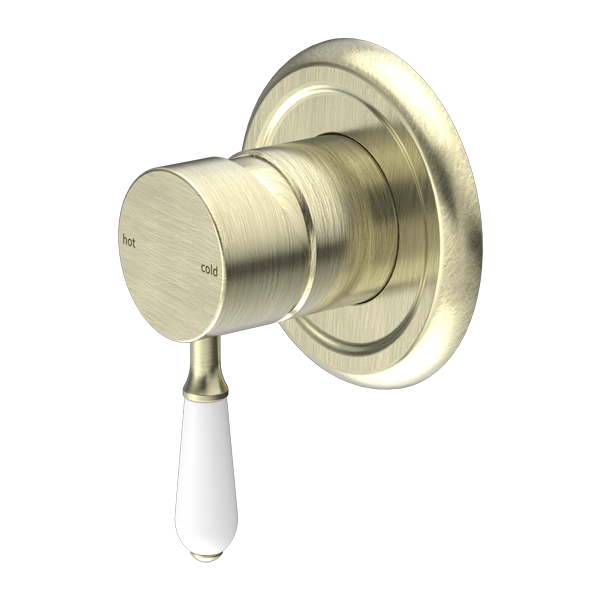 NERO YORK SHOWER MIXER WITH WHITE PORCELAIN LEVER 100MM AGED BRASS