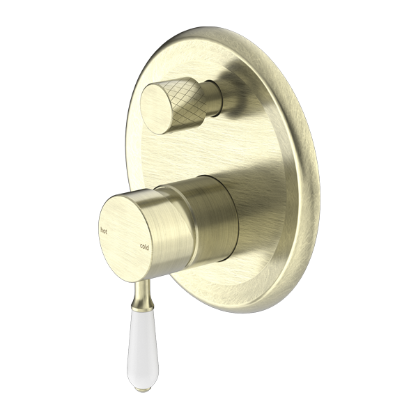 NERO YORK SHOWER MIXER DIVERTER WITH WHITE PORCELAIN LEVER 160MM AGED BRASS