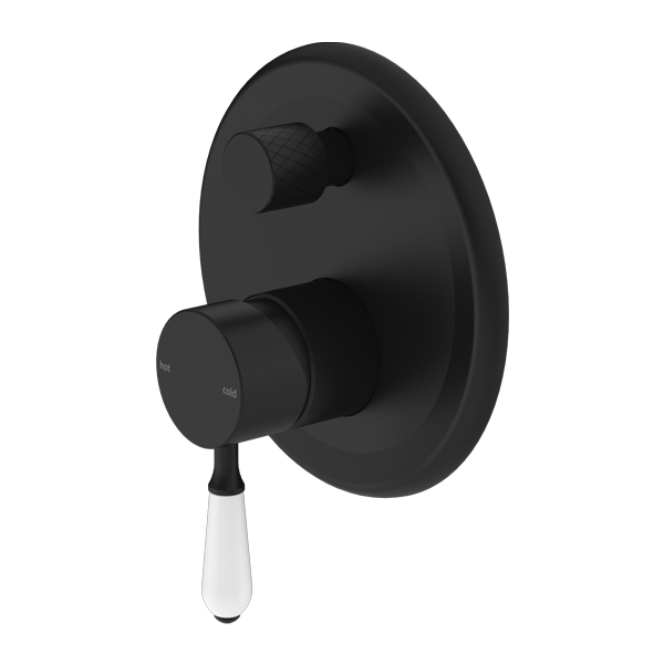 NERO YORK SHOWER MIXER DIVERTER WITH WHITE PORCELAIN LEVER 160MM MATTE BLACK