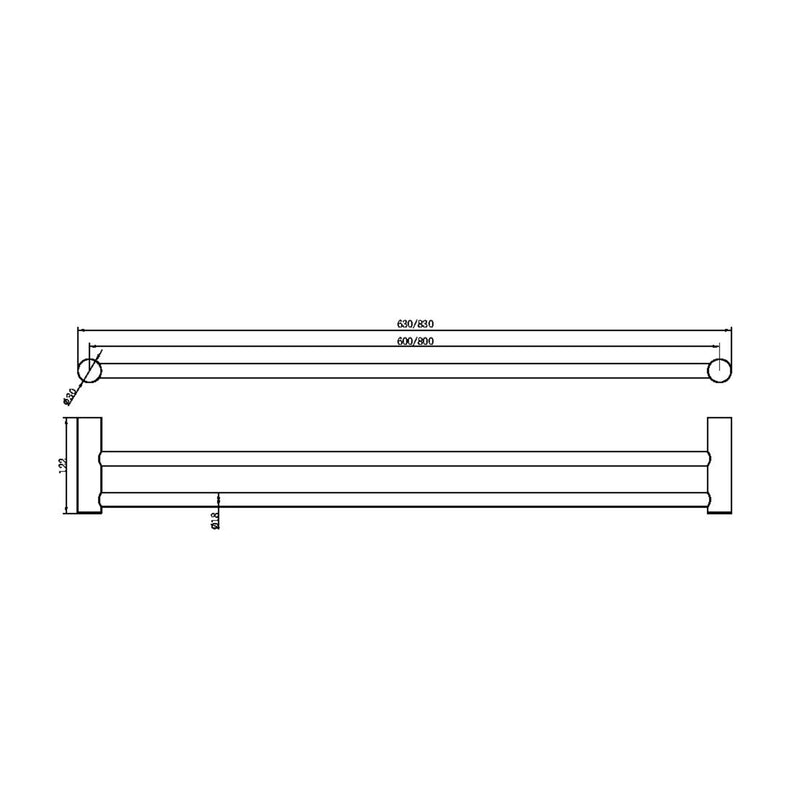 NERO ZEN NON-HEATED DOUBLE TOWEL RAIL BRUSHED NICKEL (AVAILABLE IN 600MM AND 800MM)