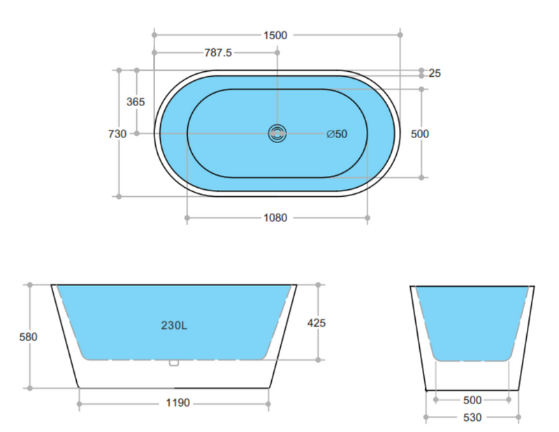 POSEIDON OVIA FREE STANDING BATH GLOSS WHITE (AVAILABLE IN 1200MM, 1300MM, 1400MM, 1500MM AND 1700MM)