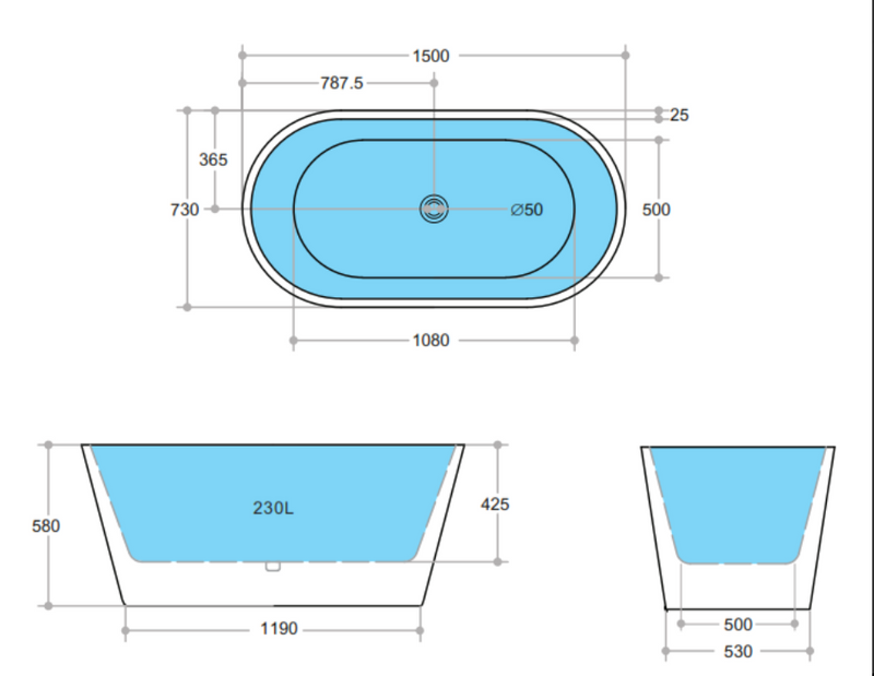 POSEIDON OVIA FREESTANDING BATHTUB GLOSS BLACK AND WHITE (AVAILABLE IN 1500MM AND 1700MM)