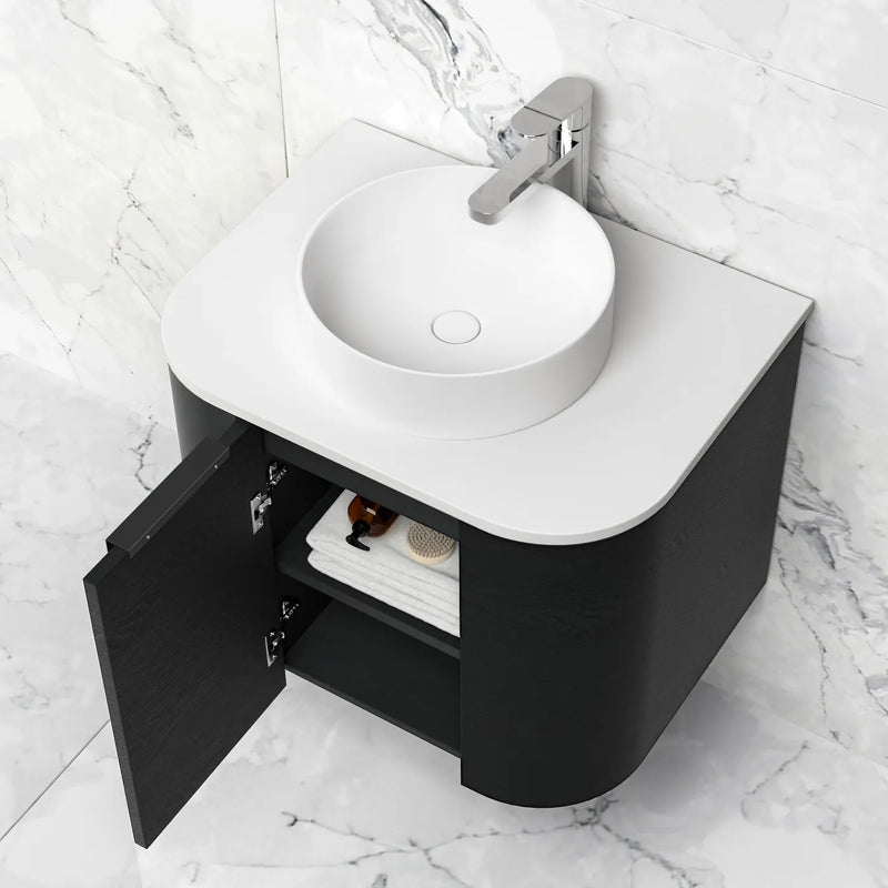 OTTI BONDI BLACK OAK 600MM SINGLE BOWL CURVE WALL HUNG VANITY