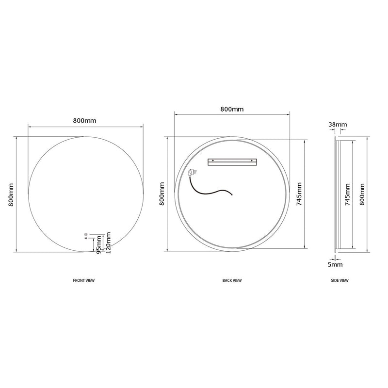 OTTI BONDI FRAMELESS ROUND LED MIRROR 3 COLOUR LIGHTS 800MM