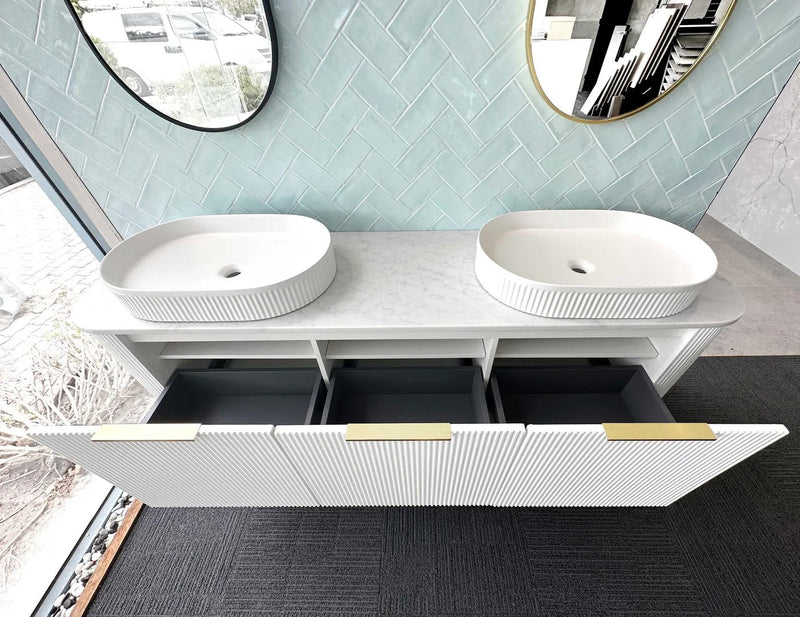 OTTI BONDI MATTE WHITE FLUTED 1800MM CURVE DOUBLE BOWL WALL HUNG VANITY